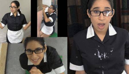 Maid eRica gives herself a facial by sucking cock & then jerking a cock off onto her face