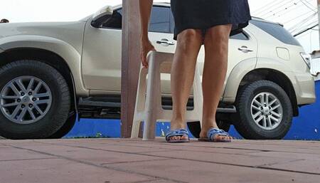 Milah modeling her sexy blue flat sandals and showing her high arches