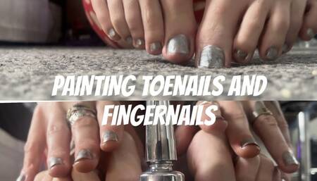 painting my long toenails silver and fingernails