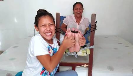 Nicole tickles her stepsister's feet and makes her beg!