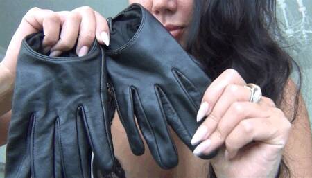 Angry brunet Smother you with leather gloves b