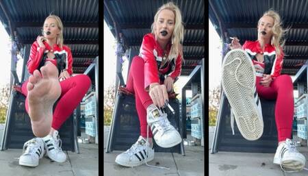 Sexy Marlboro girl smokes Marlboro red 100 in superstars while u worship them