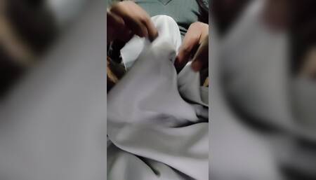 57 Dick Head Rub with White Satin Silky Saree of Neighbour Chachi