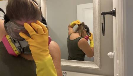 GLOVED AND MASK BATHROOM CLEANING