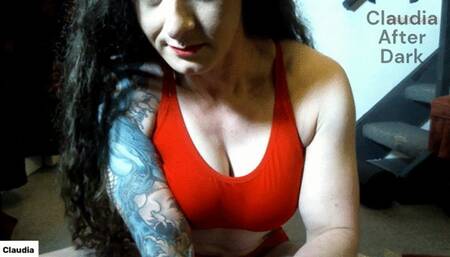 Muscle Girl Stretching in Red Workout Shorts Live Stream