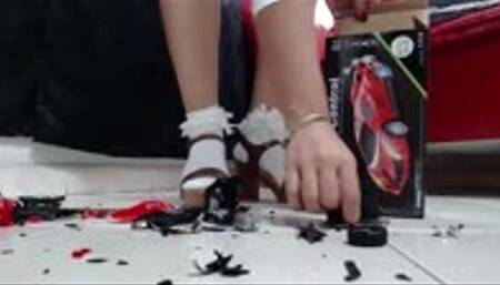 sportscar rc toycar crushing crush in socks and brown sandals for my fan highheels