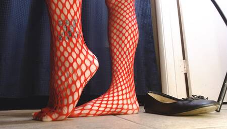 Red Fishnets Ballet Flats Shoeplay Dipping Toe Wiggling