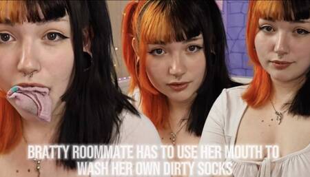 Bratty roommate has to use her mouth to wash her dirty socks