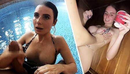 Hot Steamy Sauna Blowjob: Pool Sex Adventure with Party Girls