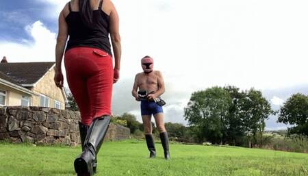 Sub Punished With Boxing Gloves Outdoors