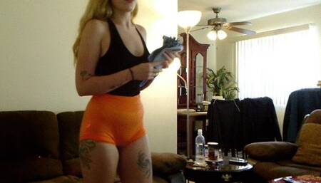 Sexy tall blonde gets spied on by fan boy