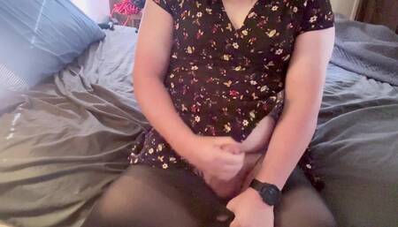 Trans Girl in a Short Dress and Pantyhose Masturbating