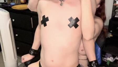 Strong Dominant girlfriend makes her femboy sissy cuck in chastity ride a dildo on her lap as she degrades him