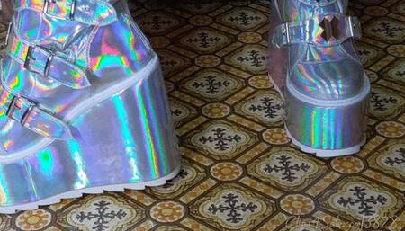 Siilver Platform Goth Boots on Old Linoleum