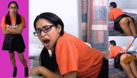 Pigtailed brat eRica gets her ass spanked hard for dressing inappropriately!