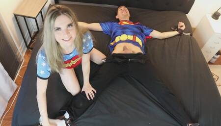 Wonder woman tickles and edges Superman brutally without showing any mercy enjoying every moment of it