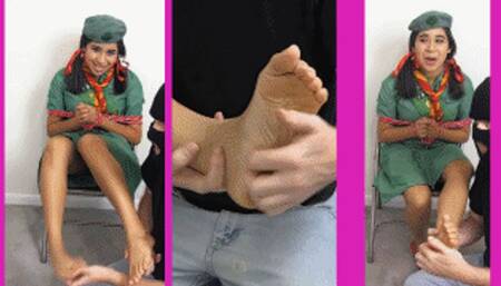 Tied up Girl Scout eRica has her feet tickled & licked in an attempt to get her cookie recipe!