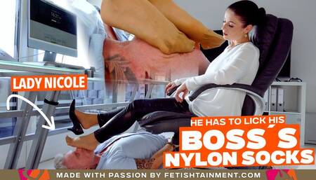 I am the boss and he has to lick my nylon socks under the desk ( Foot Domination with Nylon Socks - Lady Nicole ) - 4K UHD MP4