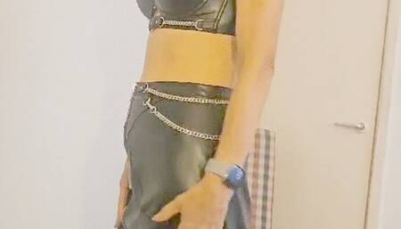 leather skirt and bra and boots tease and cum