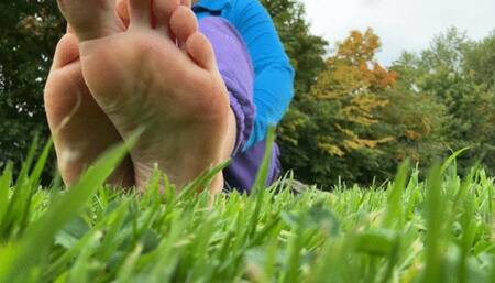 POV bare feet and in white socks worship in public