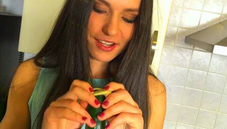 Naughty Brunette Beauty Nataly Gold Licks Cucumber and Puts Condom on It to Have Some Kitchen Fun