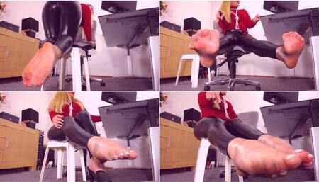 736 Smell teacher feet and leather pussy and jerk off - foot fetish, JOI, JOE, turtle neck sweater, leather leggings, pearls, pussy smelling, feet smelling, white pedicure, painted toes, nylon feet, sweaty feet, leather cameltoe