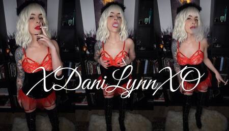 Smoking Wearing Red Lingerie and Boots