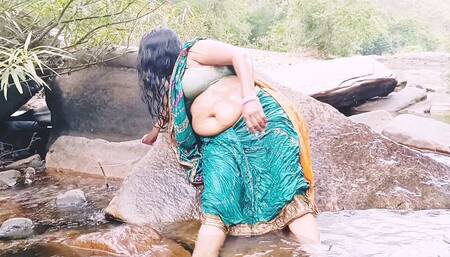 Silk Aunty Outdoor Bath Sex in Waterfall Telugu Dirty Talks.