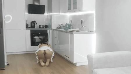 House cleaning and striptease white dress