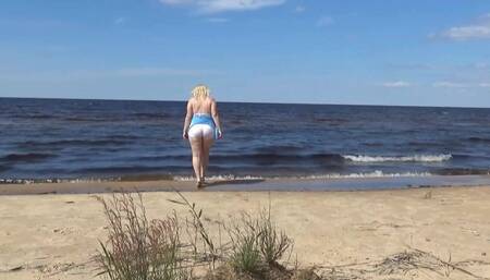 Hot Mom on the Beach in White Swimsuit