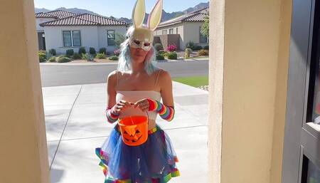 Halloween Trick-or-treat Bad Bunny Gets Candy Cum and Squirts on His Cock