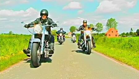 Boss of Bikers Gang Invites Exotic Dancer with Slant Eyes and Big Melons Togive Couple of Them a Lead