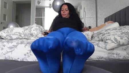 wiggling my toes in shiny blue tights d