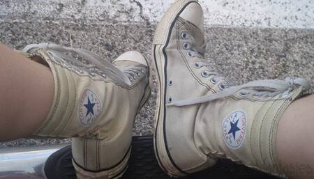 Fifi showing off her well worn ultra high top Converse All Stars from every angle *new*