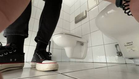 LOUD opening toilet splash & fart in public - long legs up !