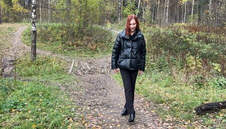 A girl in ankle boots wants to walk along the path, but on the way she meets a mountain that is covered with slippery mud, she climbs but cannot climb up