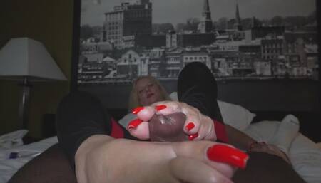 MATURE Lady Gives BBC FootJob With Nice Long Red Nails