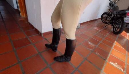 Jarlyn drives with broken brakes in riding boots (custom)