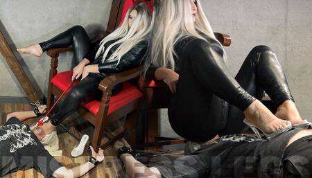 Obedient Slave Under Mistress' Chair Opens Mouth Wide and Submits