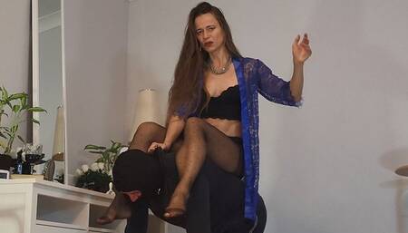 Serve me I am riding you in my boots and polka dot pantyhose to humiliate you in front of my husband watching us - I kick your ass a few times to subordinate you asshole !you useless idiot