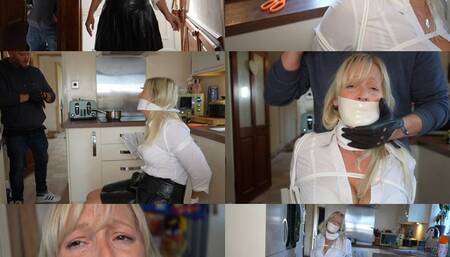 Secretary Anna in peril, chair tied, otm hanky gagged and tape gagged  (mp4)