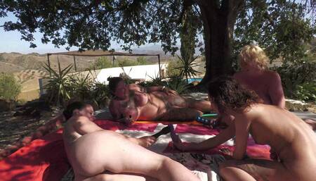 Ot Lesbian Action with Four MILFs Naked in the Shade