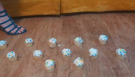 Fifi smooshing cupcakes in teal reptile print high heels then taking the heels off and smooshing them barefoot *new* replay