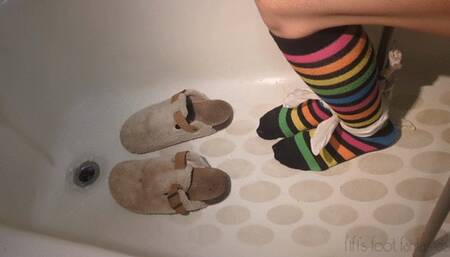Fifi in ankle socks tied to a stool in the bathtub with cold water rising *new* replay