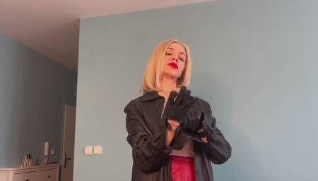 Sexy blonde becomes horny with her real leather outfit