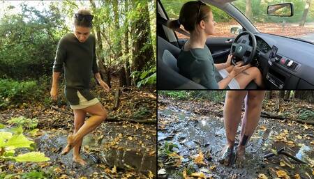 Nicky walks barefoot in the ankle deep mud
