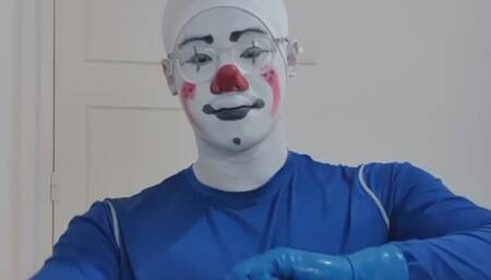Clown putting on blue rubber gloves