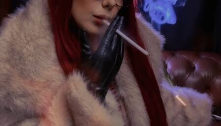 Devilish Woman in Fur, Leather and Topless Smoking a 200mm Made in Hell