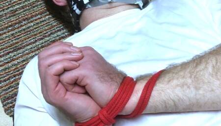 Post orgasm handjob on a duct taped footballer on kitchen floor