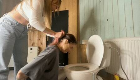 Total humiliation Sara puts Angie's head in the toilet HD